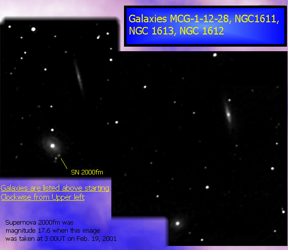 Galaxies NGC 1611, 1612, 1613,  & MCG-1-12-28, SN 2000fm; CCD image thru 20 inch