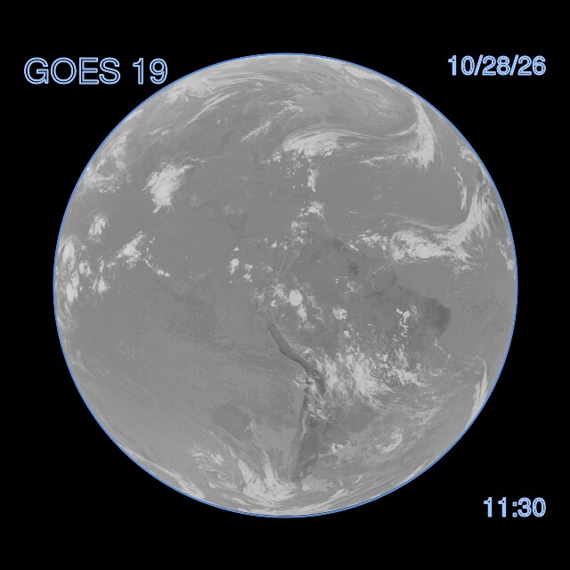 GOES 19 Shortwave Infrared (ch07), newest image, 12:00 PM Eastern, Oct 28 (16:00 UTC)