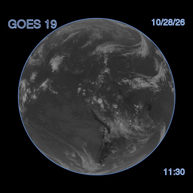 GOES 19 Clean Infrared (ch13), newest image, 11:30 AM Eastern, Oct 28 (15:30 UTC)