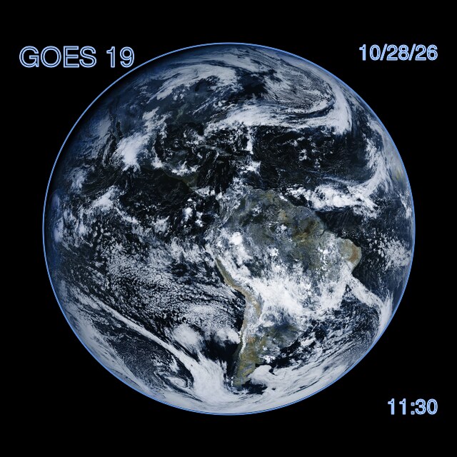 GOES 19 False Colour (ch02 + ch13), newest image, 11:30 AM Eastern, Oct 28 (15:30 UTC)